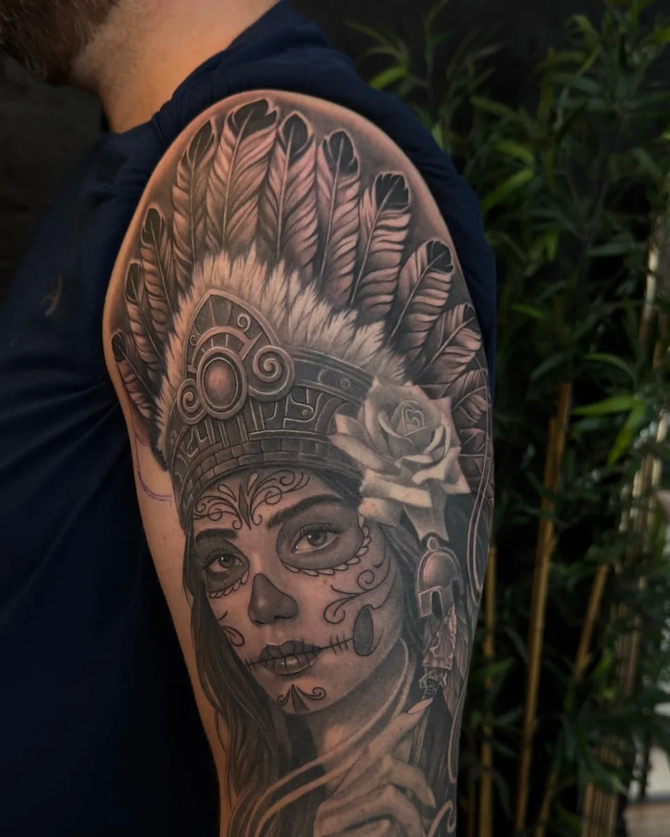 Aztec headdress Catrina sleeve tattoo